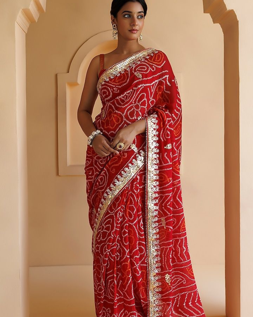 Red Bandhani Georgette Saree with Gota Patti Border