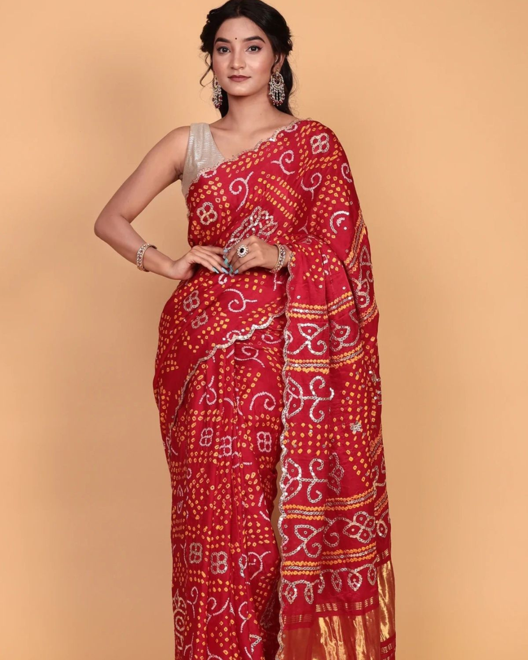 Red Bandhani Georgette Saree with Mirror and Zari Detailing
