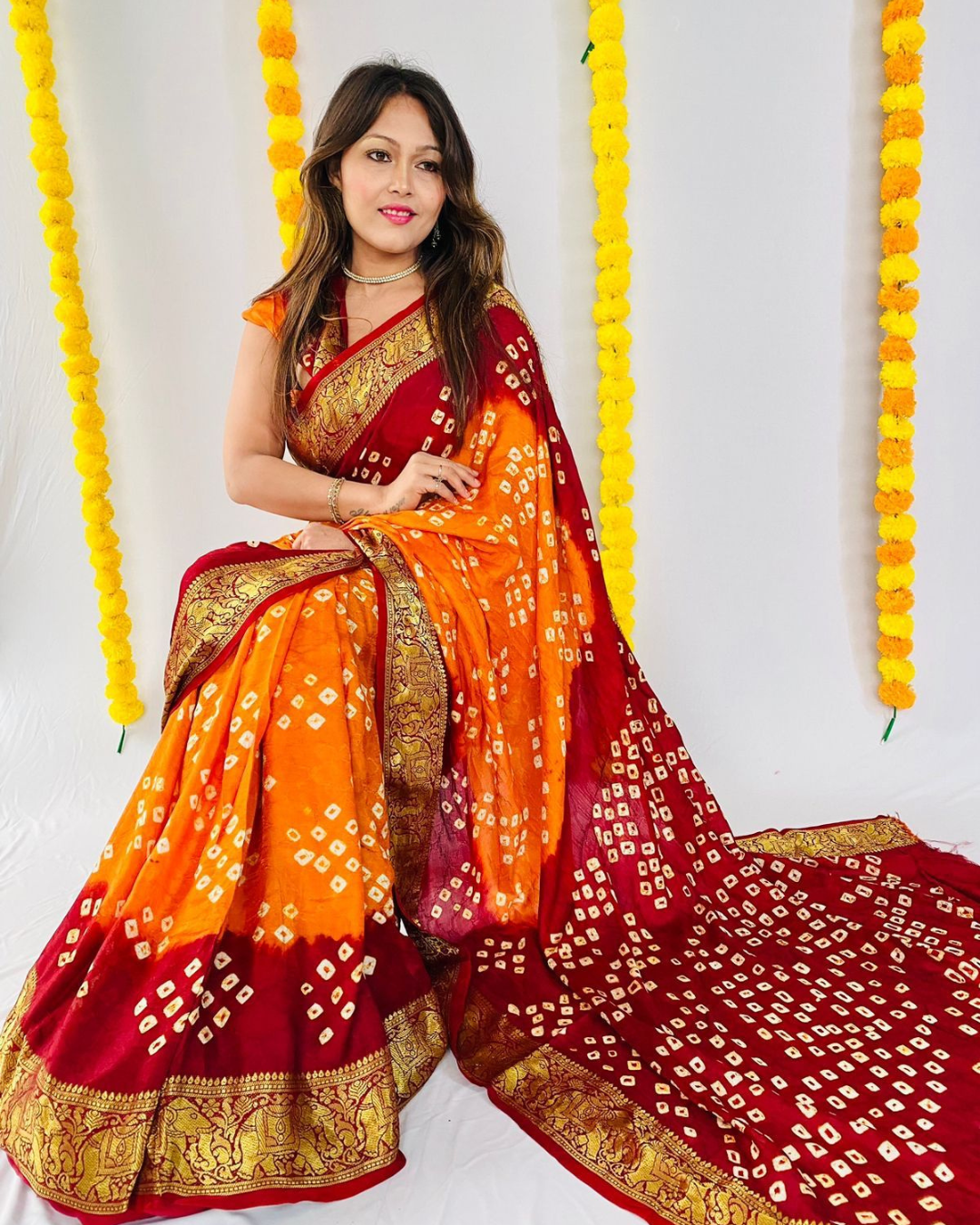 Orange & Maroon Bandhani Silk Saree with Elephant Motif Zari Border