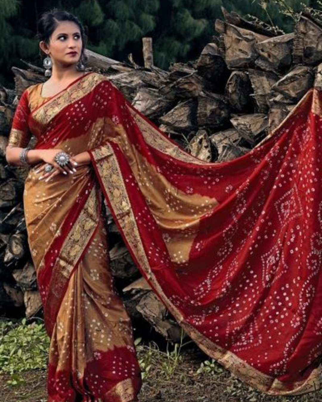 Maroon & Mustard Bandhani Silk Saree with Antique Zari Border