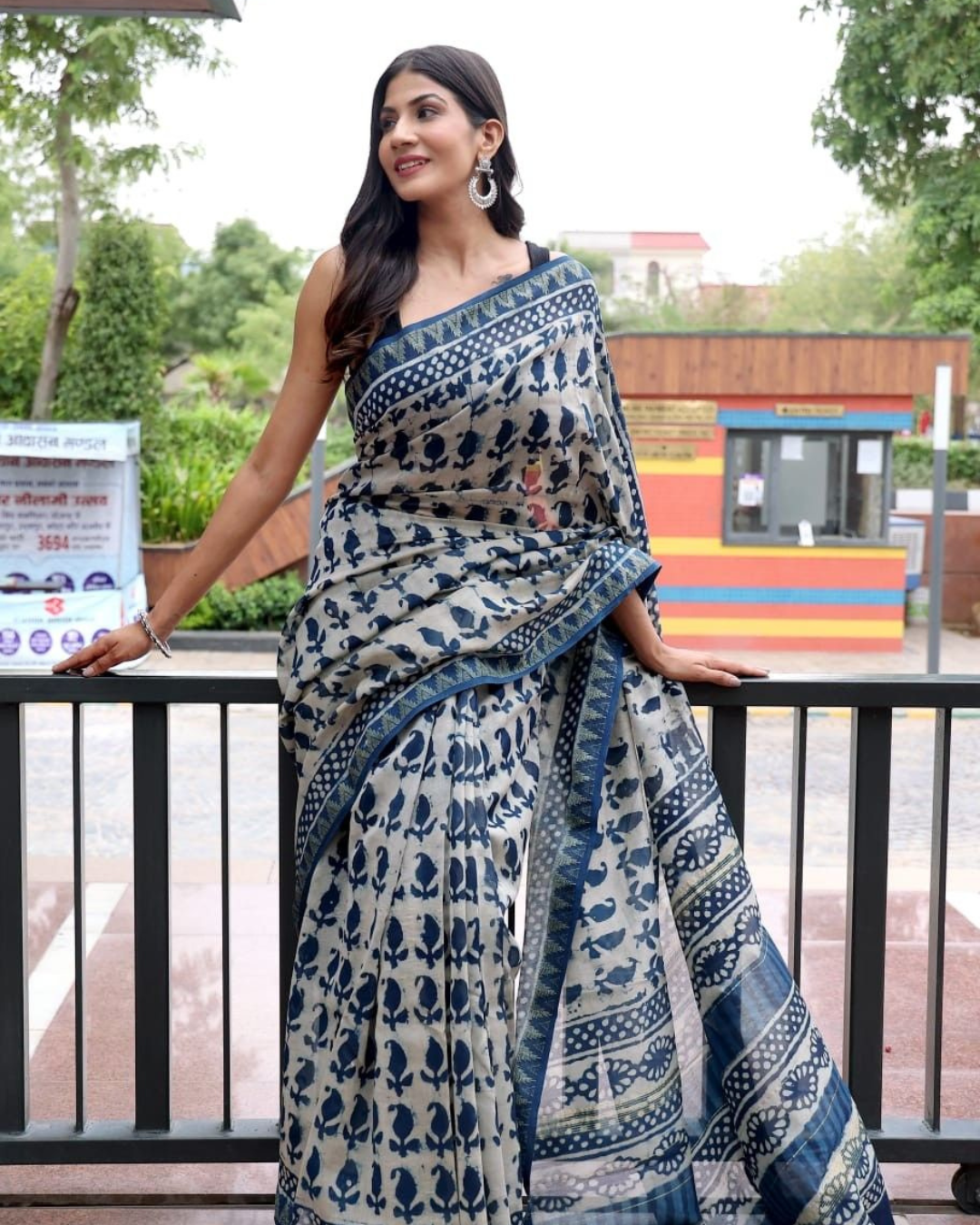 Elegant Indigo Handblock Printed Cotton Saree